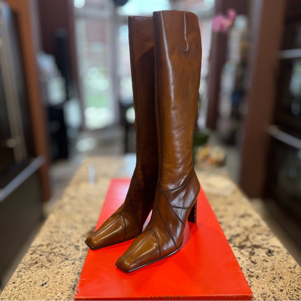 NWT Claudia Ciuti Elegant Cognac Leather Knee-High Boots.